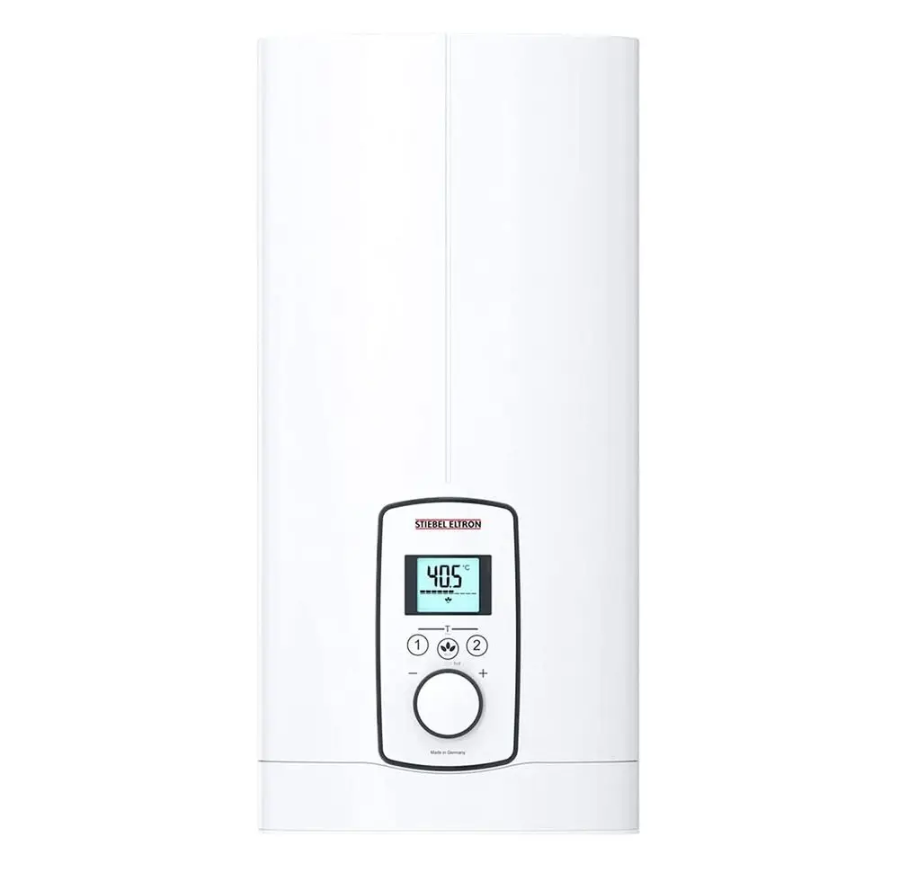 Ein weißer Durchlauferhitzer von Stiebel Eltron mit Display zur Temperaturanzeige und Bedienelementen, geeignet für die Wandmontage.